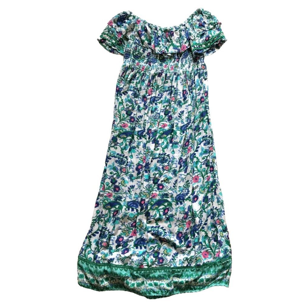Amita Naithani Midi Dress Womens Medium Green Blue Off the Shoulder Floral Boho